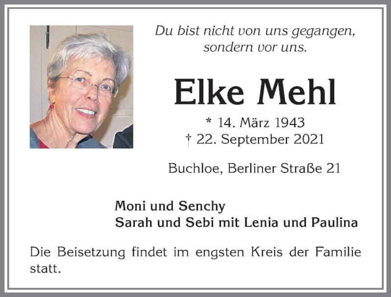 Traueranzeige von Elke Mehl von Allgäuer Zeitung, Kaufbeuren/Buchloe