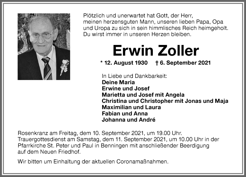 Traueranzeige von Erwin Zoller von Memminger Zeitung