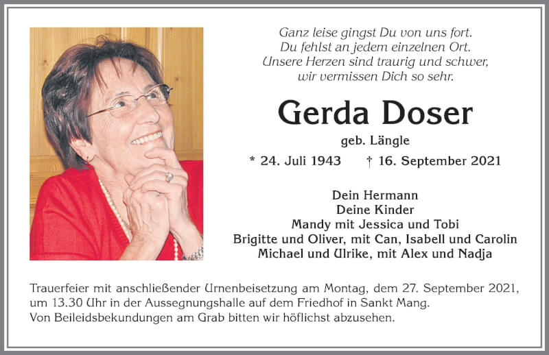 Traueranzeige von Gerda Doser von Allgäuer Zeitung, Marktoberdorf