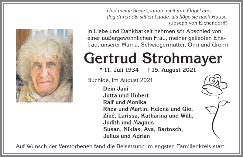 Traueranzeige von Gertrud Strohmayer von Allgäuer Zeitung, Kaufbeuren/Buchloe