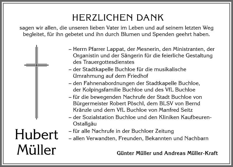 Traueranzeige von Hubert Müller von Allgäuer Zeitung, Kaufbeuren/Buchloe