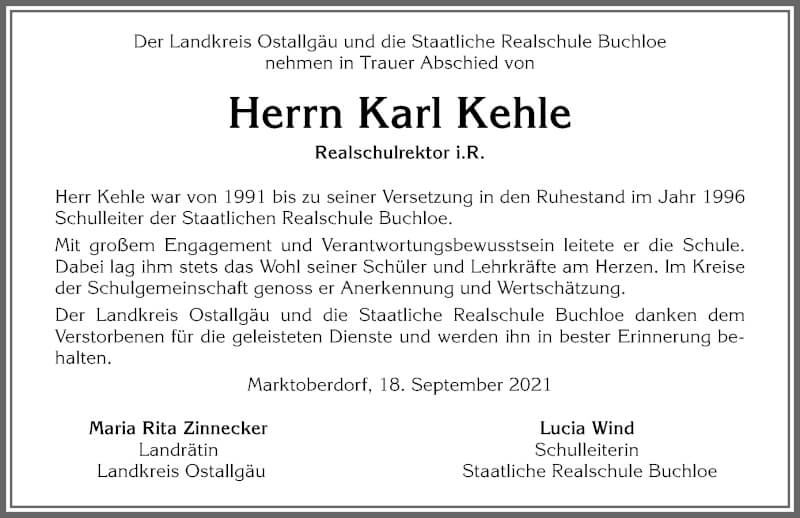 Traueranzeige von Karl Kehle von Allgäuer Zeitung, Kaufbeuren/Buchloe