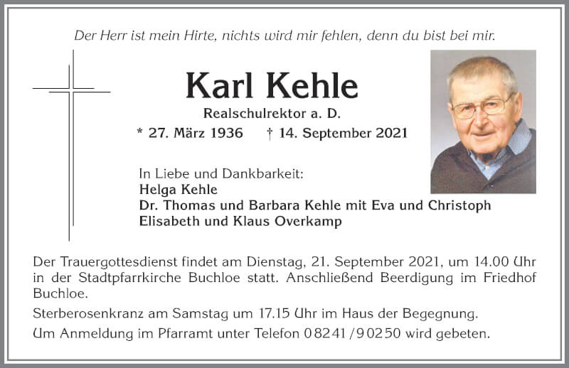 Traueranzeige von Karl Kehle von Allgäuer Zeitung, Kaufbeuren/Buchloe