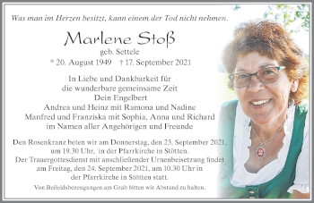 Traueranzeigen von Marlene Stoß | Augsburger Allgemeine Zeitung