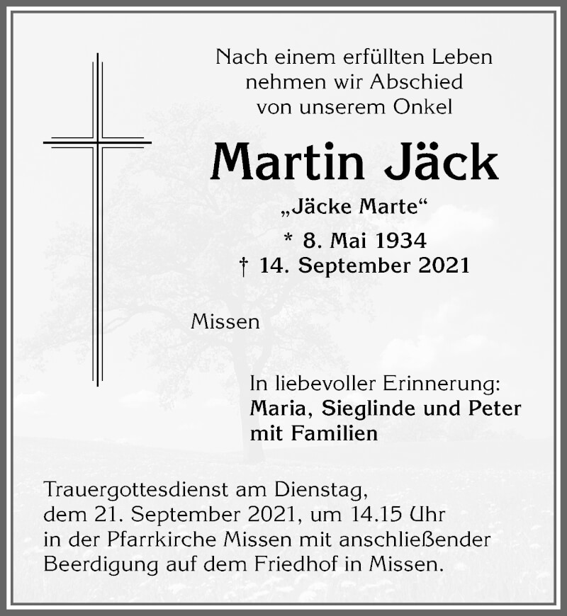 Traueranzeige von Martin Jäck von Allgäuer Anzeigeblatt