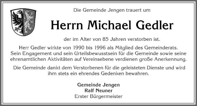 Traueranzeige von Michael Gedler von Allgäuer Zeitung, Kaufbeuren/Buchloe