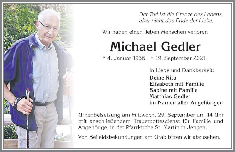 Traueranzeige von Michael Gedler von Allgäuer Zeitung, Kaufbeuren/Buchloe