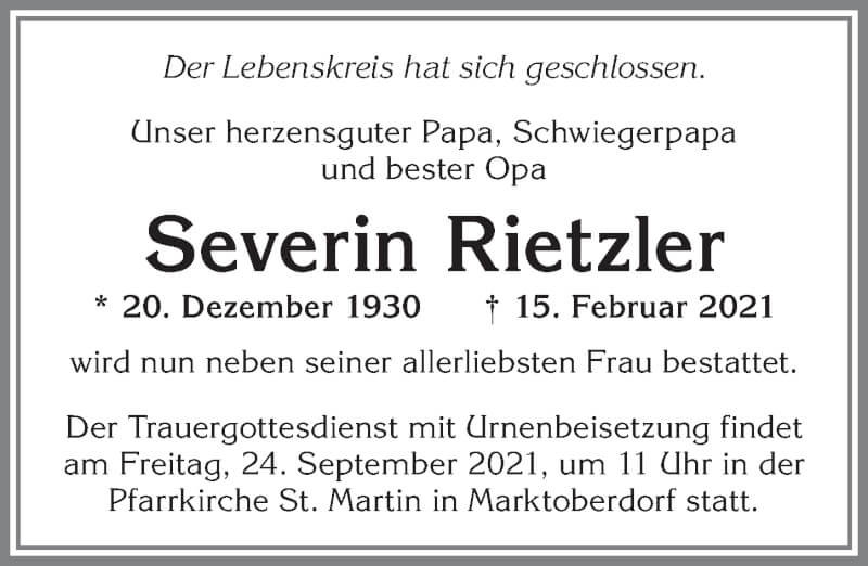 Traueranzeige von Severin Rietzler von Allgäuer Zeitung, Marktoberdorf