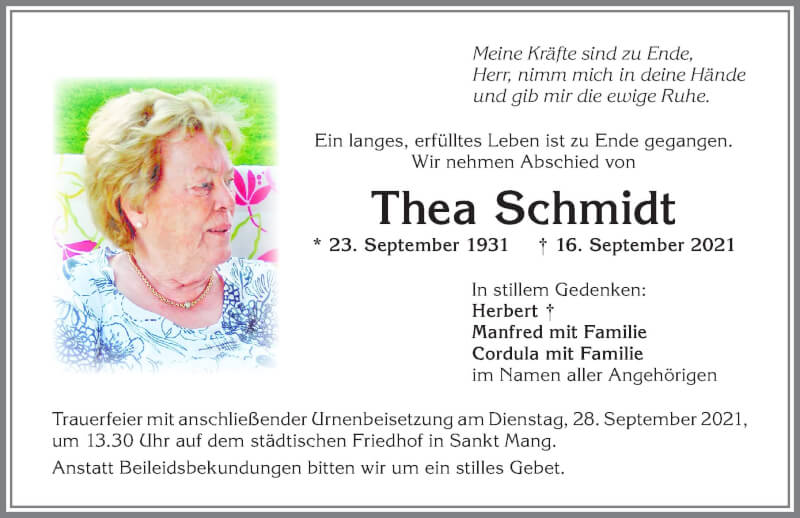 Traueranzeige von Thea Schmidt von Allgäuer Zeitung,Kempten