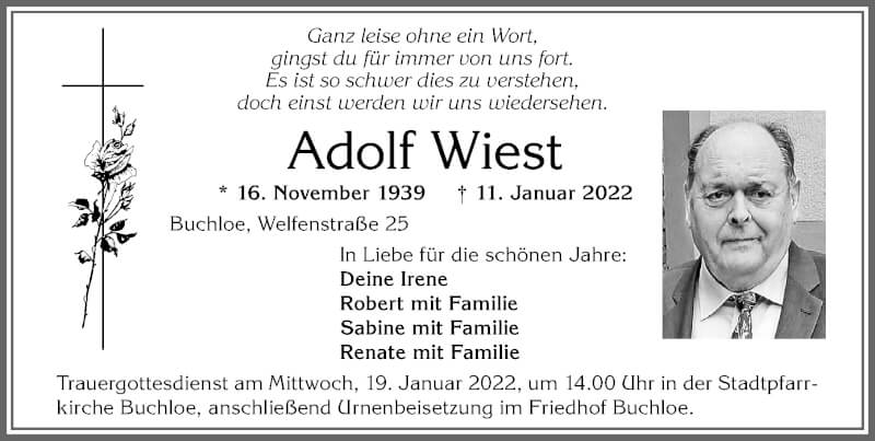 Traueranzeige von Adolf Wiest von Allgäuer Zeitung, Kaufbeuren/Buchloe