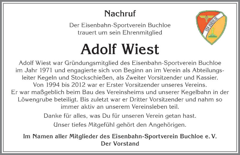 Traueranzeige von Adolf Wiest von Allgäuer Zeitung, Kaufbeuren/Buchloe