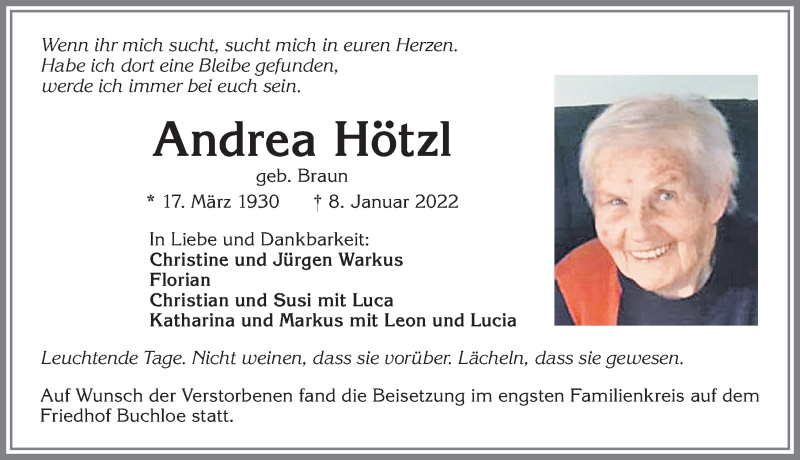 Traueranzeige von Andrea Hötzl von Allgäuer Zeitung, Kaufbeuren/Buchloe