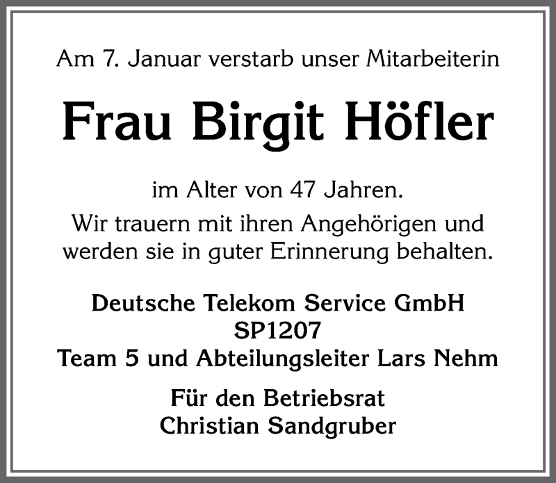 Traueranzeige von Birgit Höfler von Allgäuer Zeitung, Kaufbeuren/Buchloe