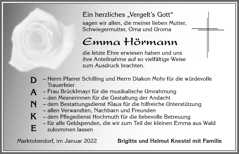 Traueranzeige von Emma Hörmann von Allgäuer Zeitung, Marktoberdorf