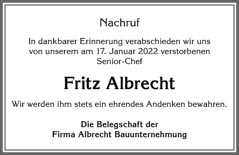 Traueranzeige von Fritz Albrecht von Allgäuer Zeitung, Kaufbeuren/Buchloe