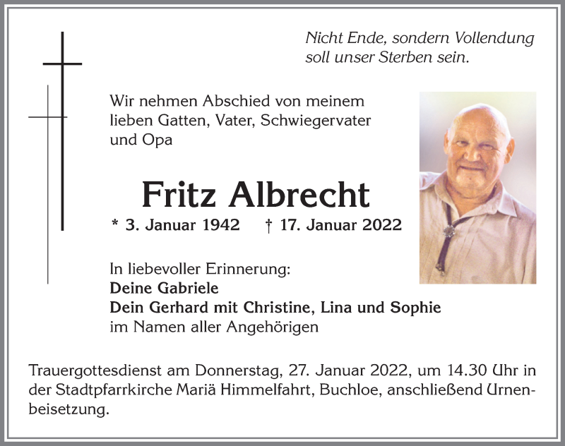 Traueranzeige von Fritz Albrecht von Allgäuer Zeitung, Kaufbeuren/Buchloe