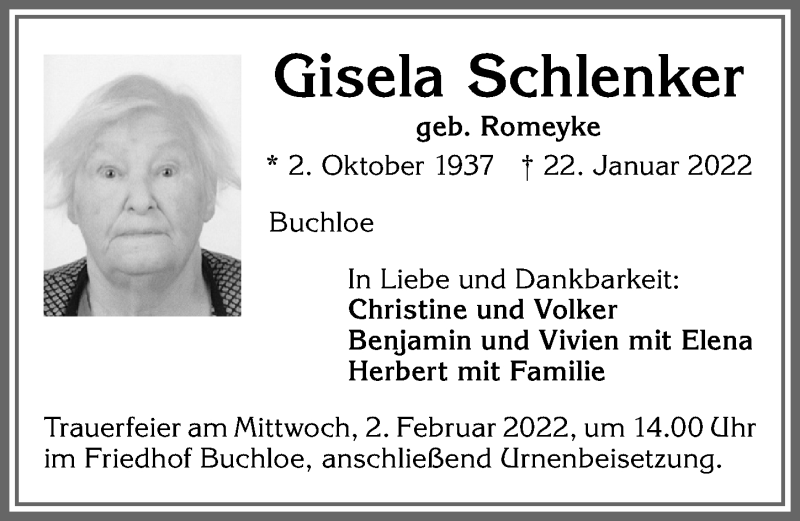 Traueranzeige von Gisela Schlenker von Allgäuer Zeitung, Kaufbeuren/Buchloe