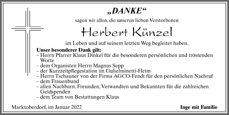 Traueranzeige von Herbert Künzel von Allgäuer Zeitung, Marktoberdorf