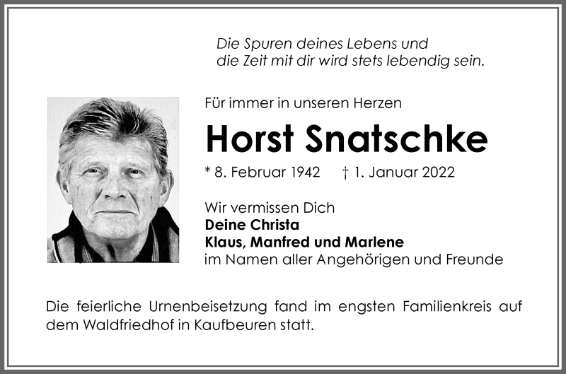 Traueranzeige von Horst Snatschke von Allgäuer Zeitung, Kaufbeuren/Buchloe