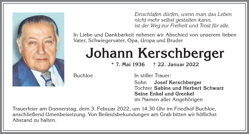 Traueranzeige von Johann Kerschberger von Allgäuer Zeitung, Kaufbeuren/Buchloe