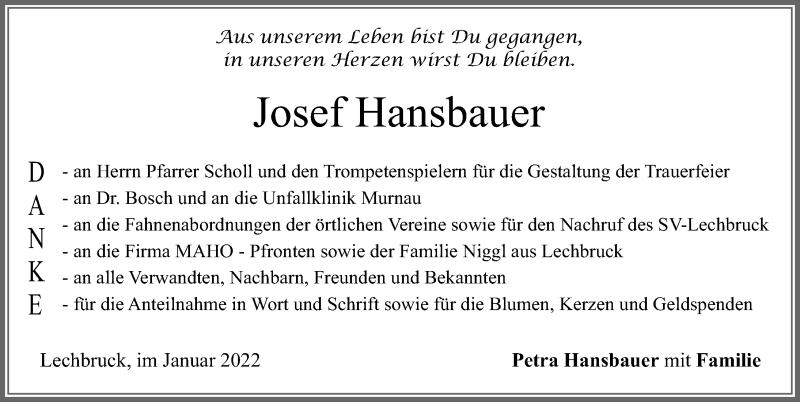 Traueranzeige von Josef Hansbauer von Allgäuer Zeitung, Füssen