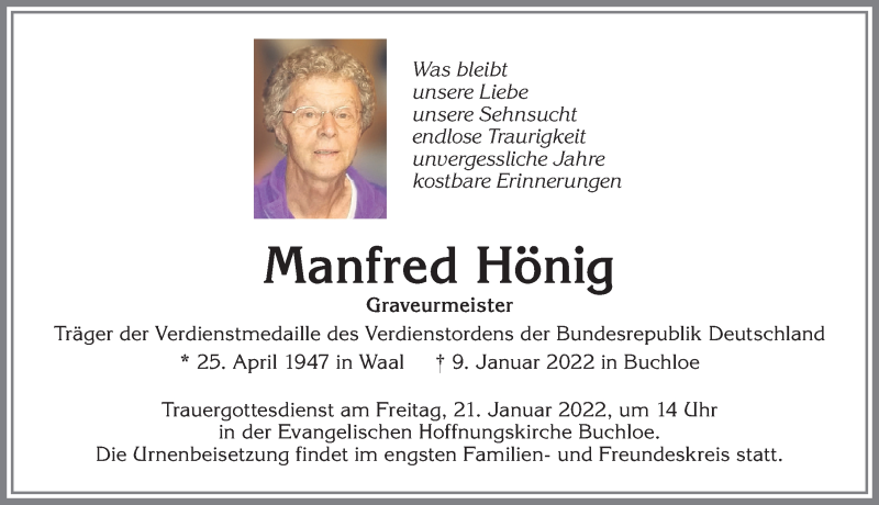 Traueranzeige von Manfred Hönig von Allgäuer Zeitung, Kaufbeuren/Buchloe