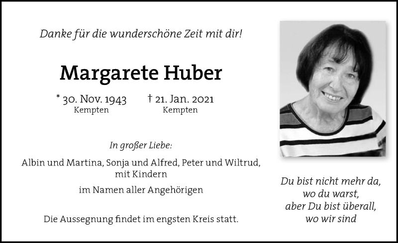 Traueranzeige von Margarete Huber von Allgäuer Zeitung,Kempten