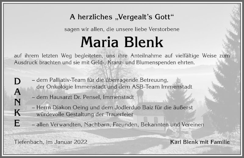 Traueranzeige von Maria Blenk von Allgäuer Anzeigeblatt