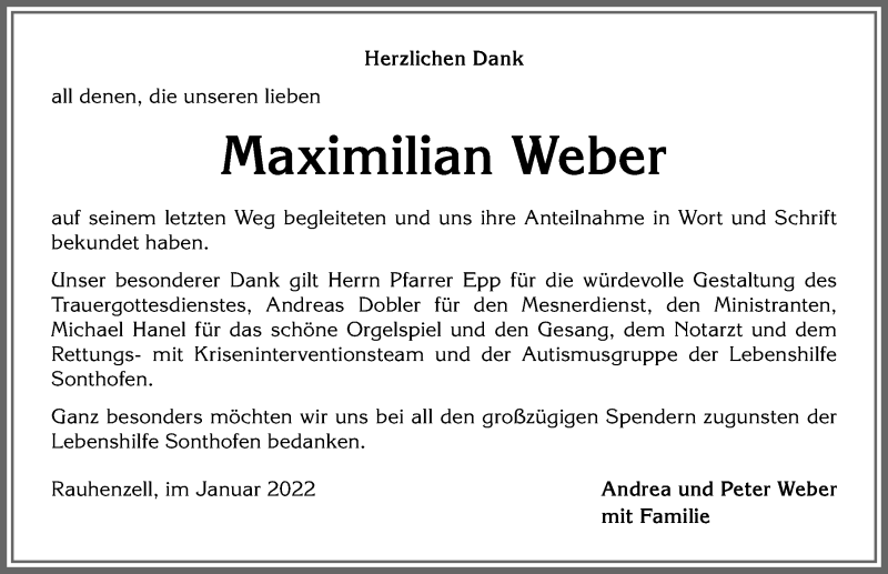 Traueranzeige von Maximilian Weber von Allgäuer Anzeigeblatt