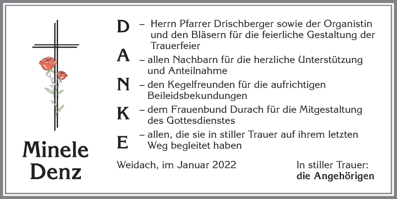 Traueranzeige von Minele Denz von Allgäuer Zeitung,Kempten