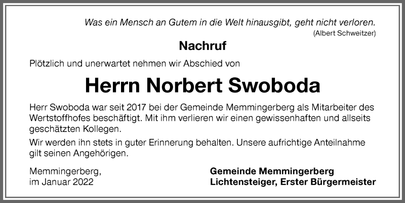 Traueranzeige von Norbert Swoboda von Memminger Zeitung