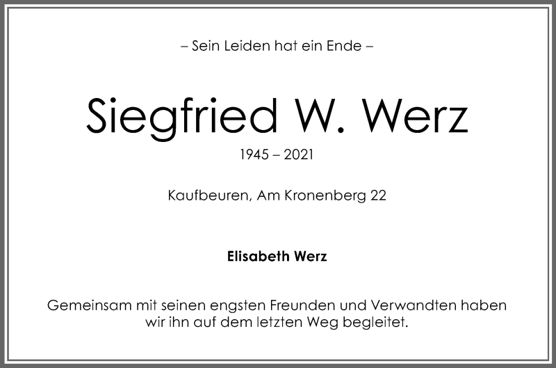 Traueranzeige von Siegfried W. Werz von Allgäuer Zeitung, Kaufbeuren/Buchloe