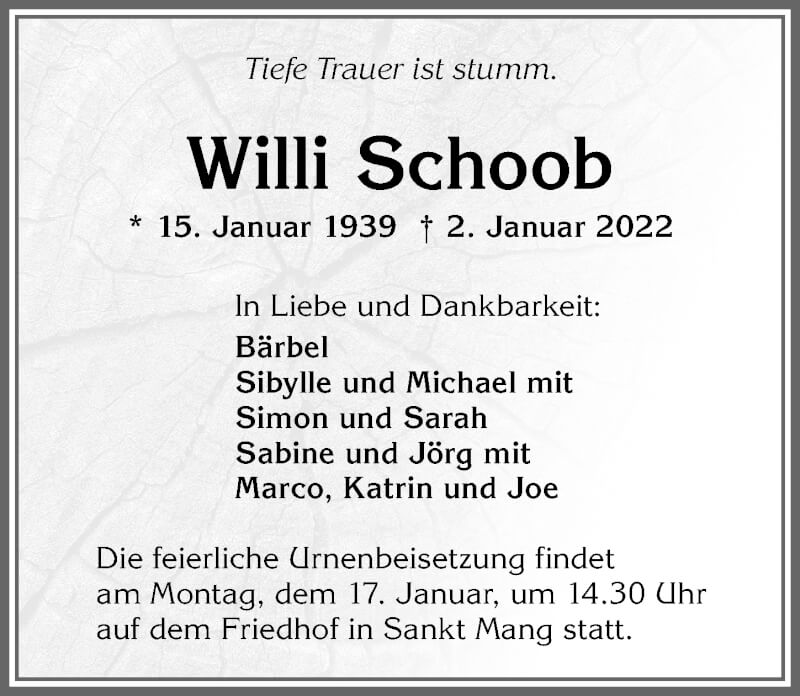 Traueranzeige von Willi Schoob von Allgäuer Zeitung,Kempten