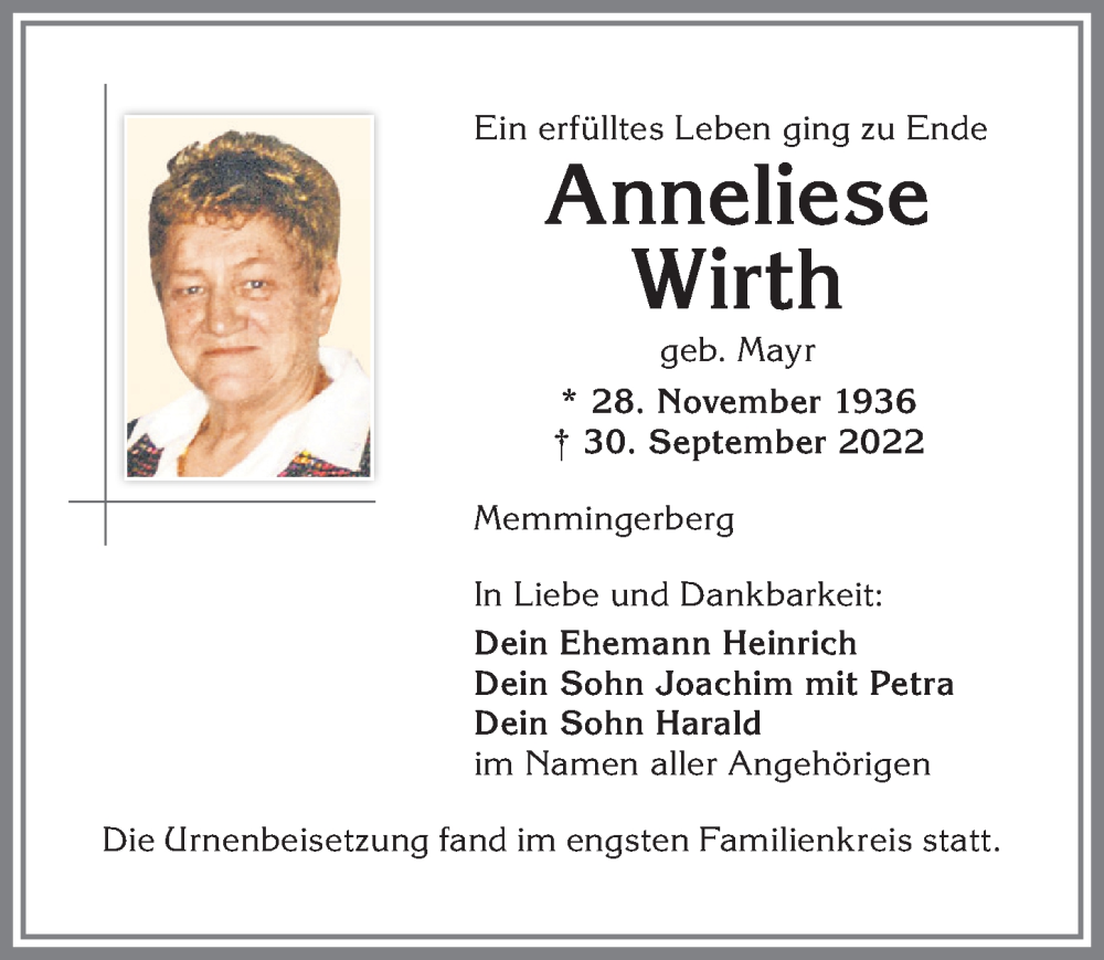 Traueranzeige von Anneliese Wirth von Memminger Zeitung