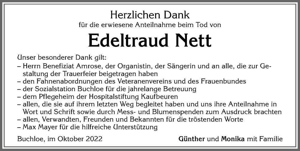 Traueranzeige von Edeltraud Nett von Allgäuer Zeitung, Kaufbeuren/Buchloe