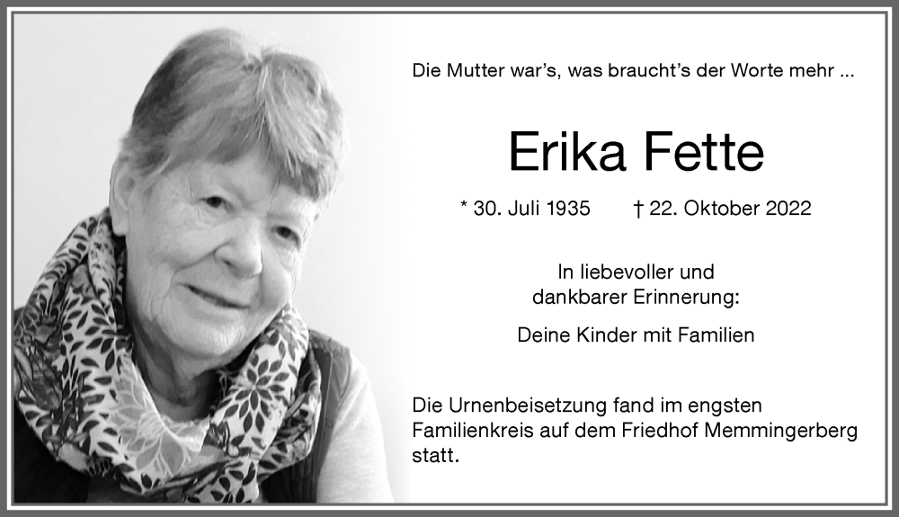 Traueranzeige von Erika Fette von Memminger Zeitung