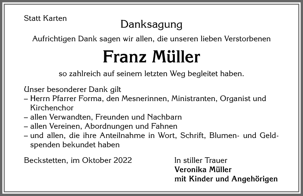 Traueranzeige von Franz Müller von Allgäuer Zeitung, Kaufbeuren/Buchloe