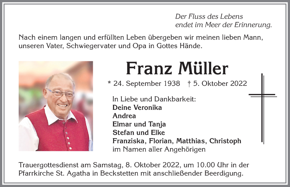 Traueranzeige von Franz Müller von Allgäuer Zeitung, Kaufbeuren/Buchloe