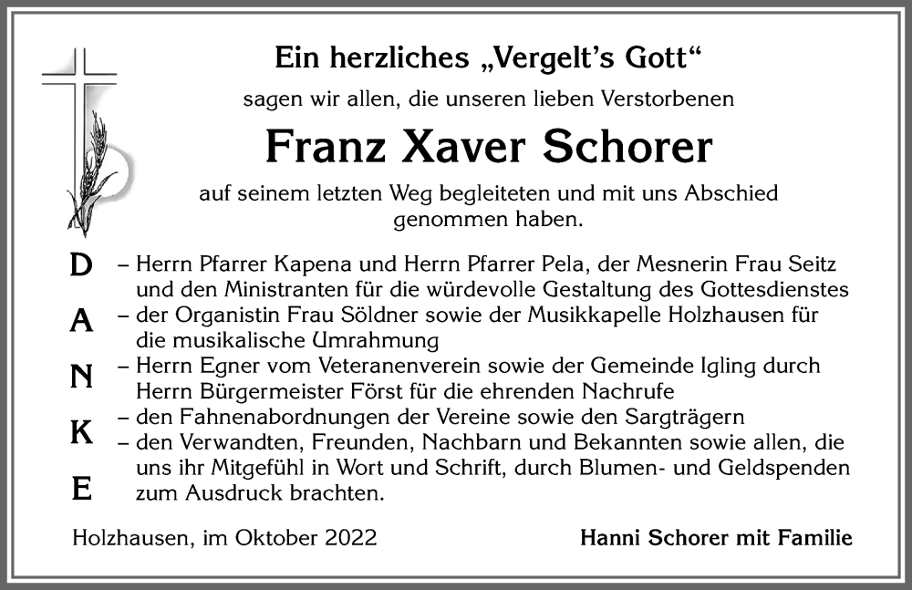  Traueranzeige für Franz Xaver Schorer vom 22.10.2022 aus Landsberger Tagblatt, Augsburger Allgemeine