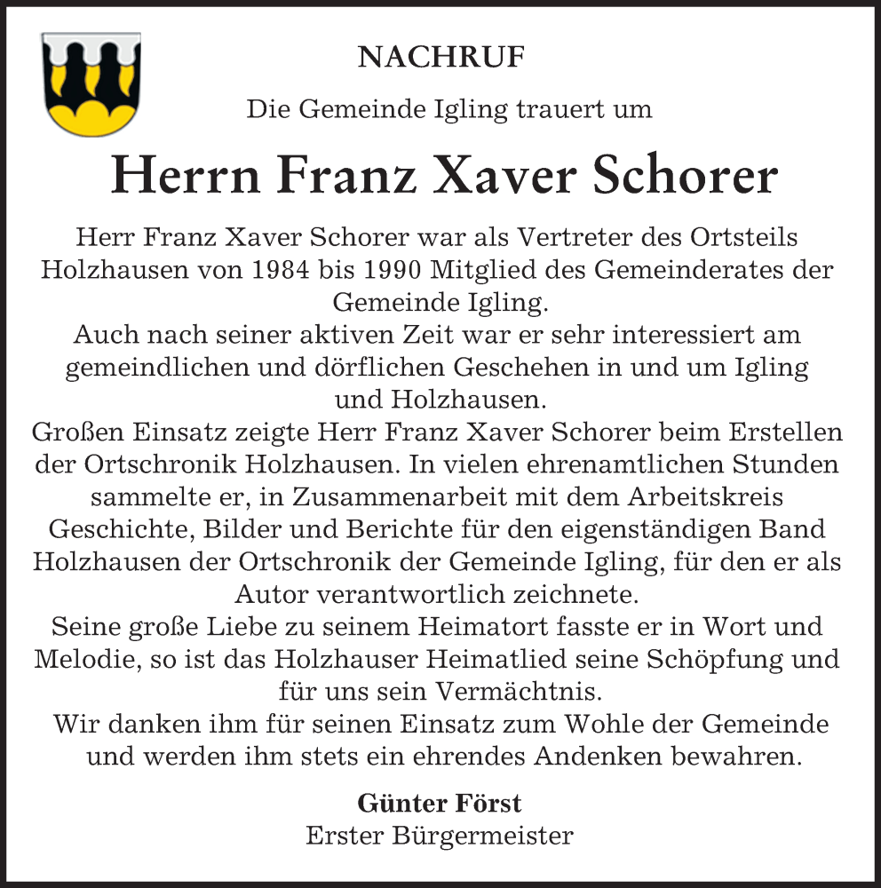  Traueranzeige für Franz Xaver Schorer vom 05.10.2022 aus Augsburger Allgemeine, Landsberger Tagblatt