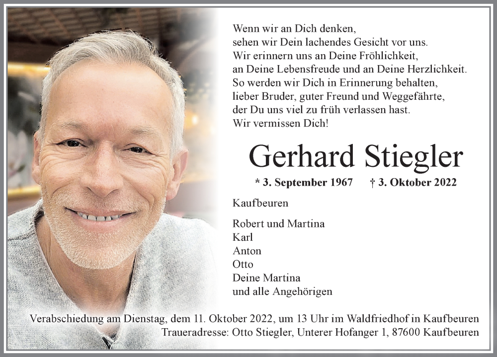  Traueranzeige für Gerhard Stiegler vom 08.10.2022 aus Allgäuer Zeitung, Kaufbeuren/Buchloe