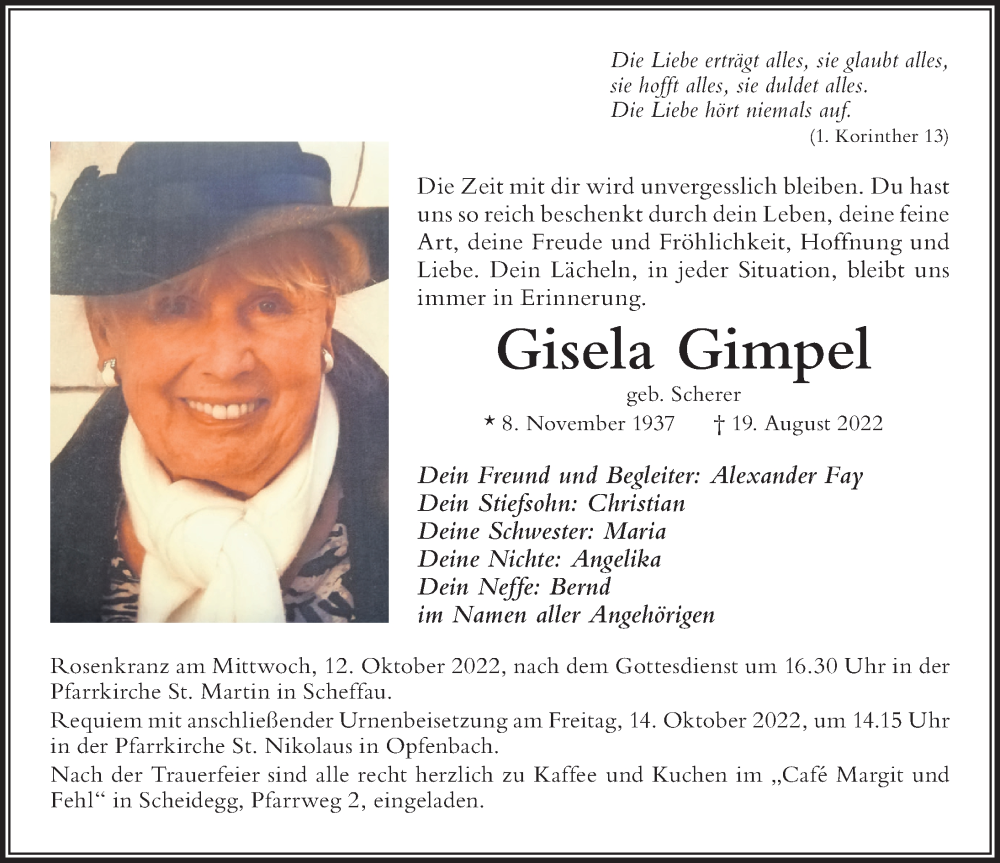 Traueranzeigen Von Gisela Gimpel Augsburger Allgemeine Zeitung