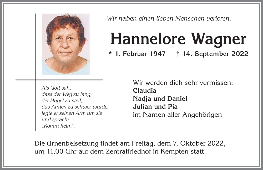 Traueranzeige von Hannelore Wagner von Allgäuer Zeitung,Kempten