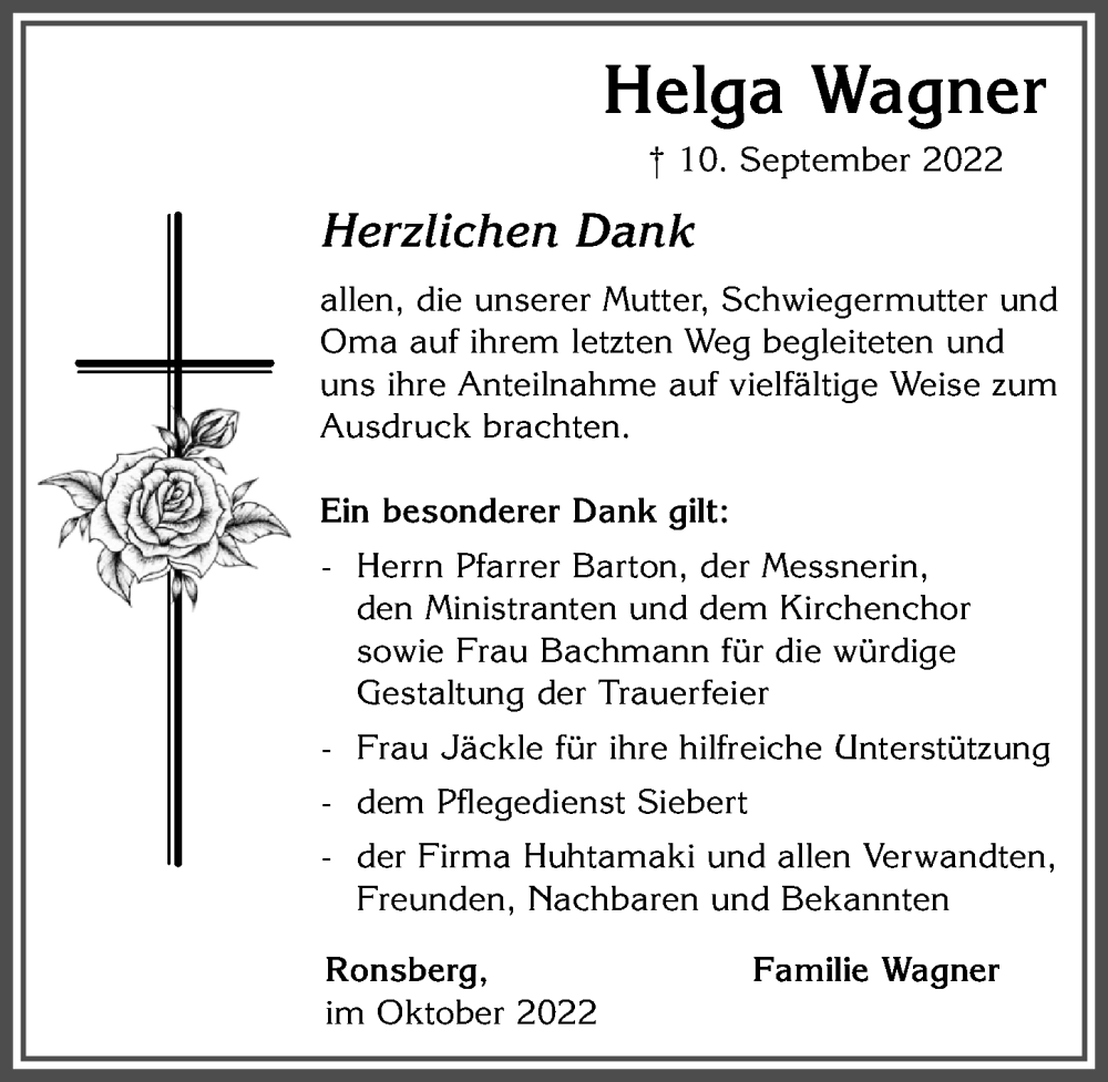 Traueranzeige von Helga Wagner von Allgäuer Zeitung, Marktoberdorf