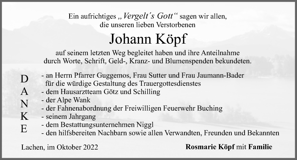 Traueranzeige von Johann Köpf von Allgäuer Zeitung, Füssen