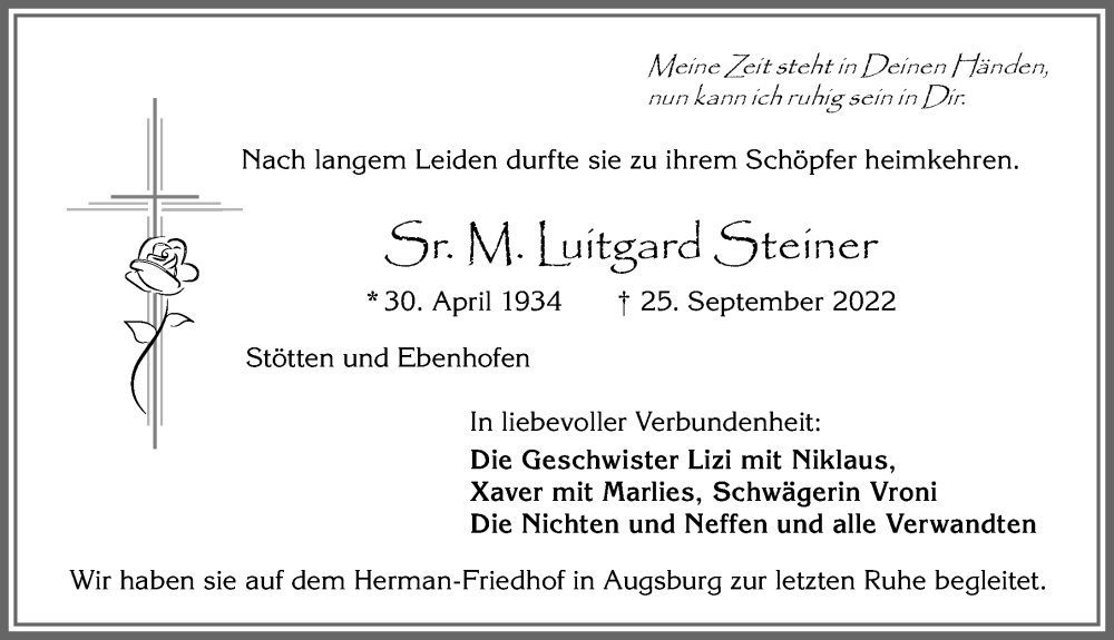  Traueranzeige für Luitgard Steiner vom 01.10.2022 aus Allgäuer Zeitung, Marktoberdorf
