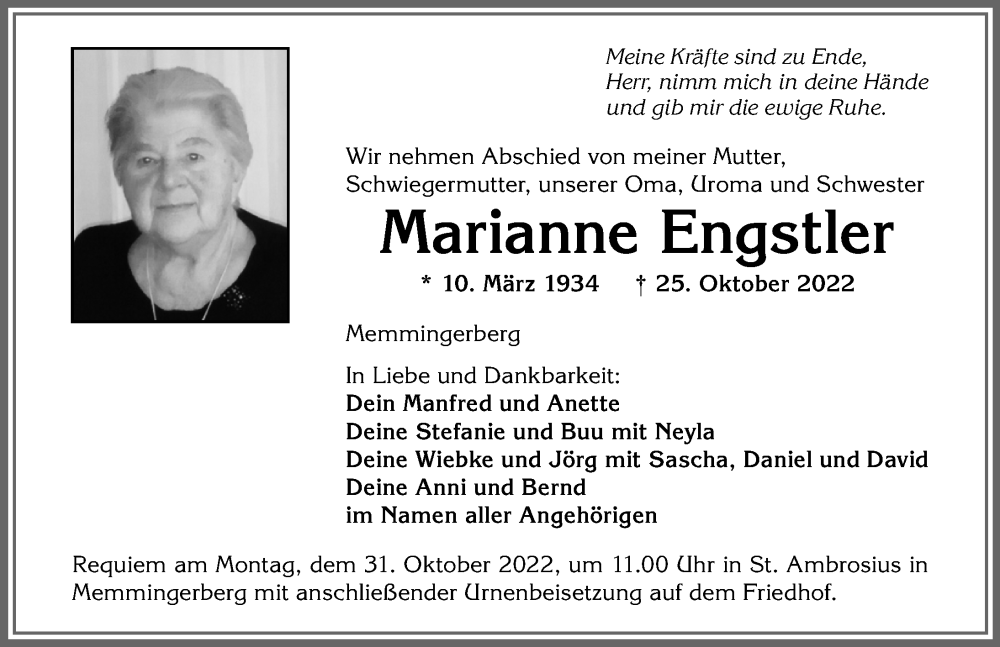 Traueranzeige von Marianne Engstler von Memminger Zeitung