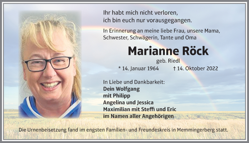 Traueranzeige von Marianne Röck von Memminger Zeitung