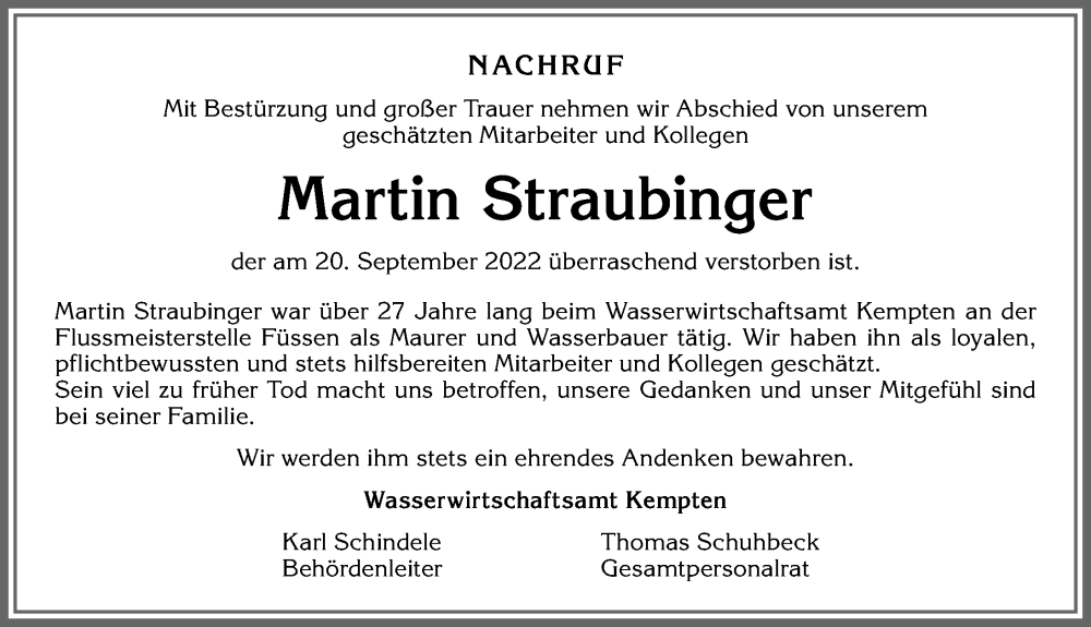 Traueranzeige von Martin Straubinger von Allgäuer Zeitung, Gesamtausgabe