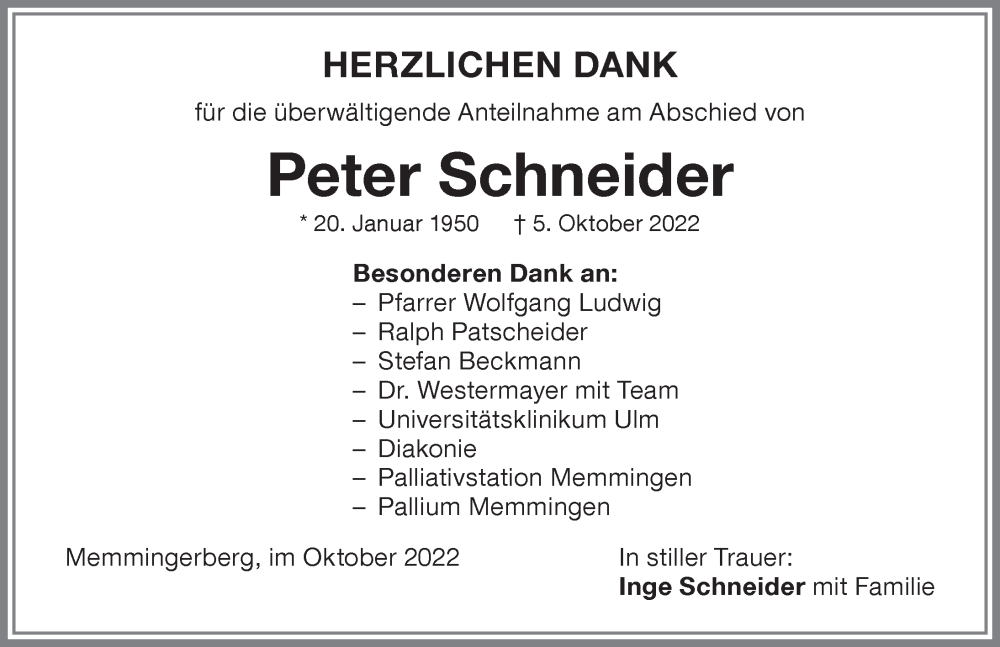 Traueranzeige von Peter Schneider von Memminger Zeitung